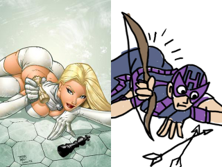 Illustration for article titled The Hawkeye Initiative redraws absurd superheroine poses with Hawkeye